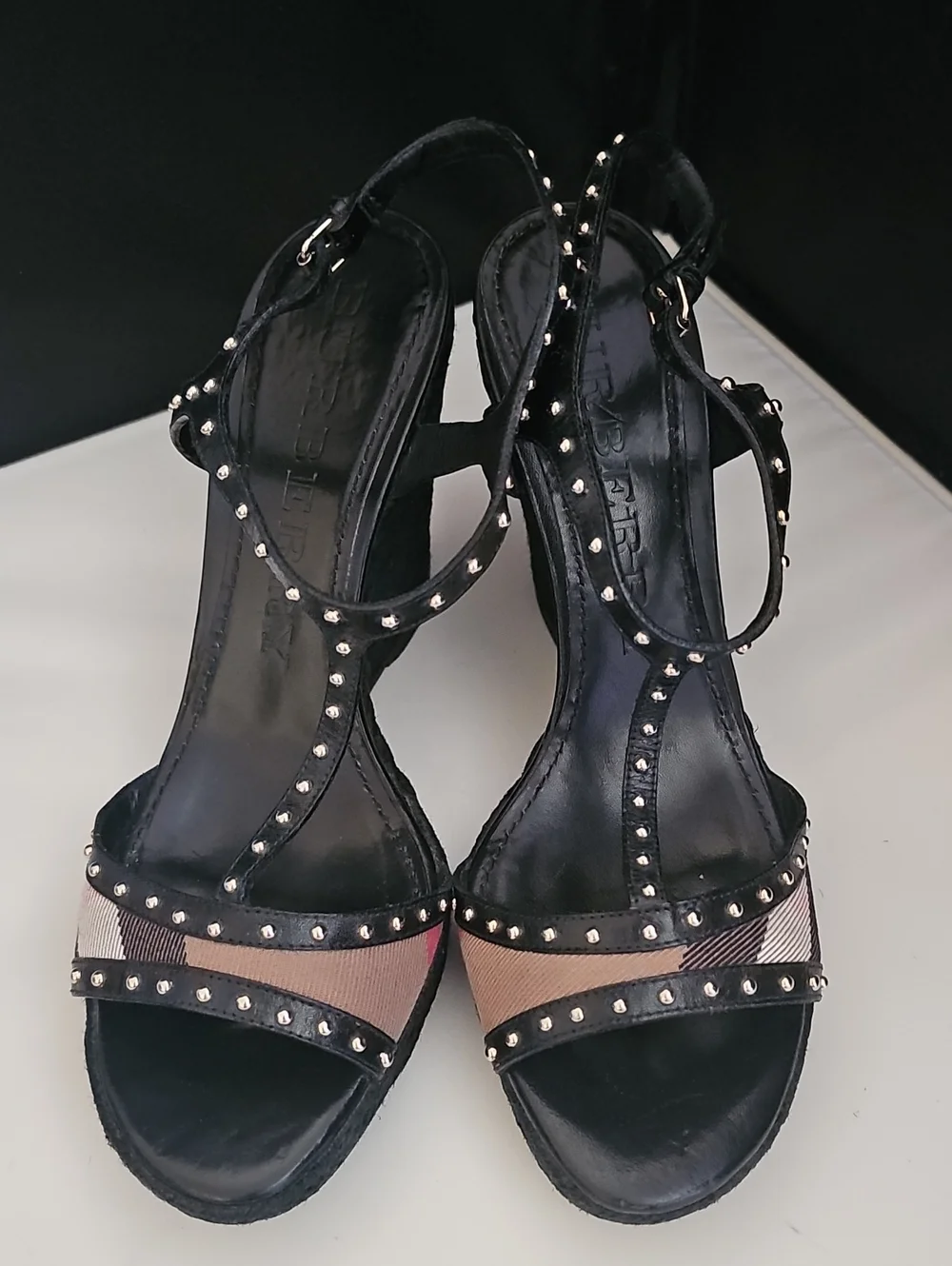 Burberry Check Studded Espadrille Wedge Sandals Black EU 39.5 Leather